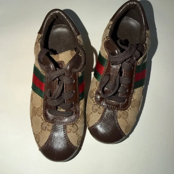 Gucci Kids Brown Sneakers with Green and Red Stripes - Picture 1 of 12